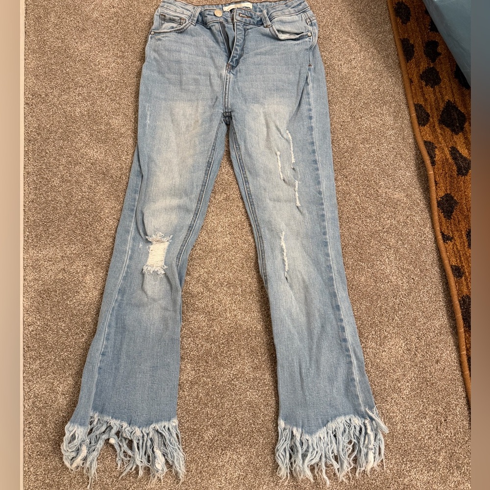 Frayed Hem Light Blue Flare Jeans